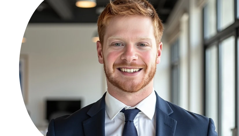 Preston standing in open office space wearing navy suit for photo