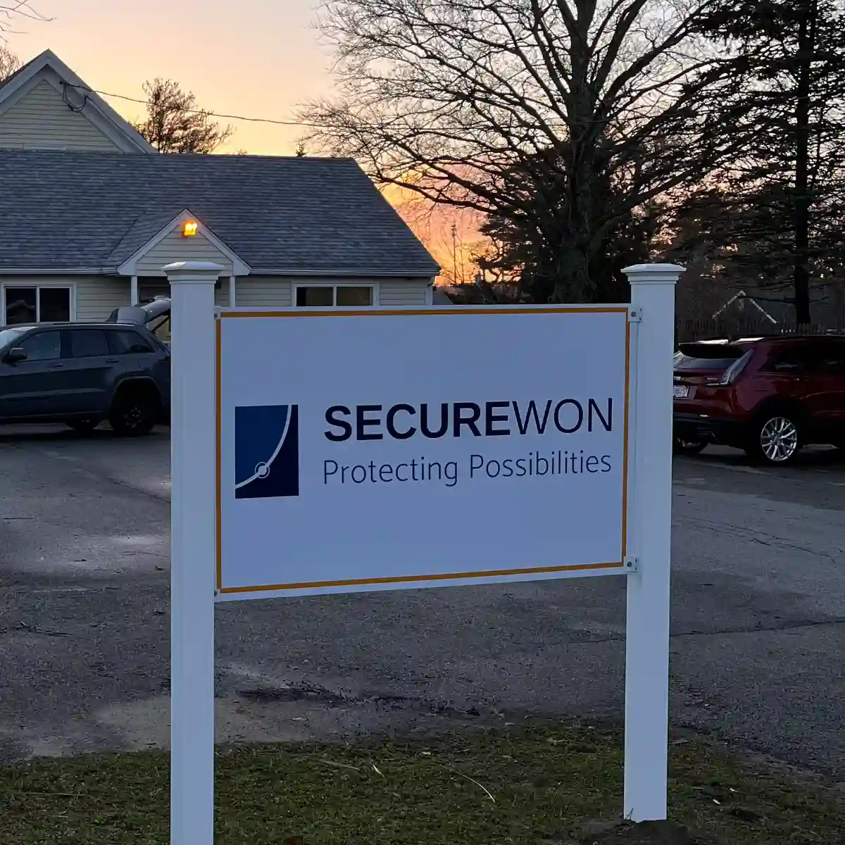 SecureWon office sign outside in Wareham Massachusetts