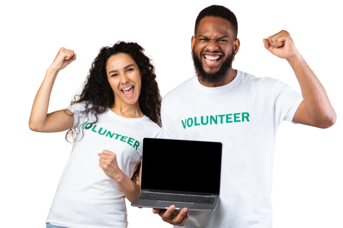 Enthusiastic Volunteers Celebrate Success with Laptop
