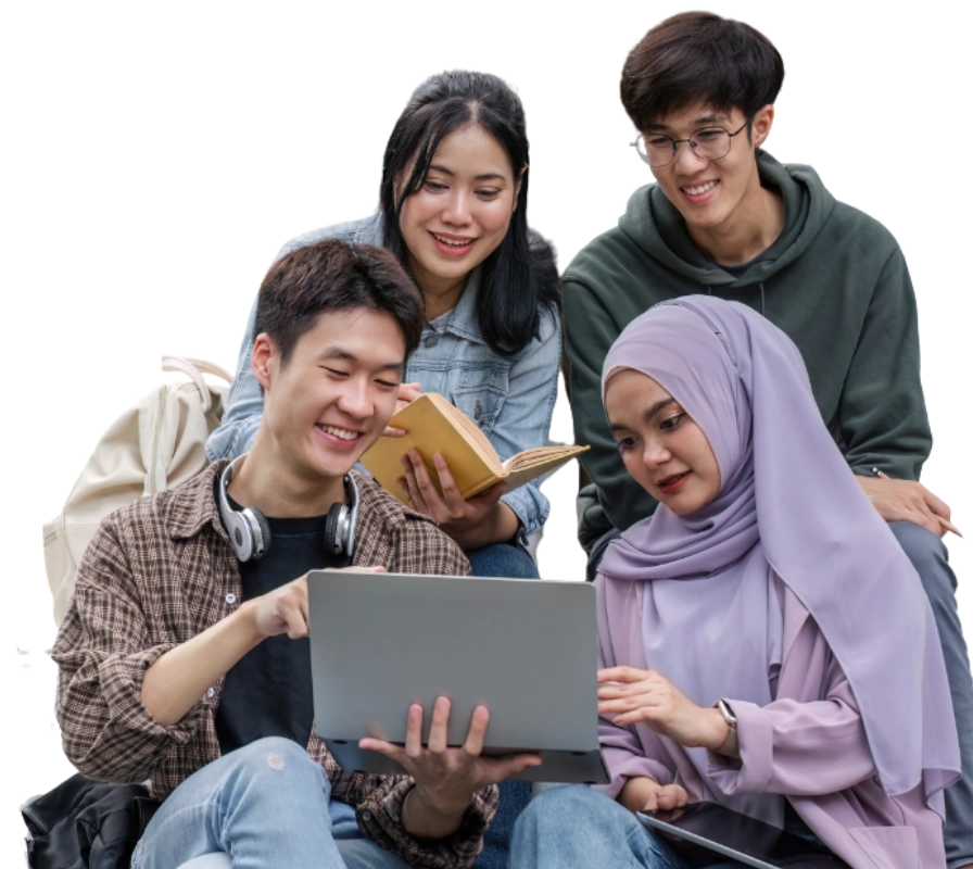 Group of happy college students sitting on a bench looking at a laptop screen