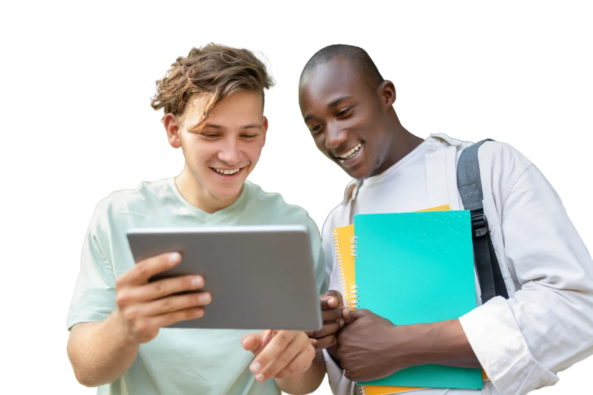 Student showing his project on digital tablet to friend