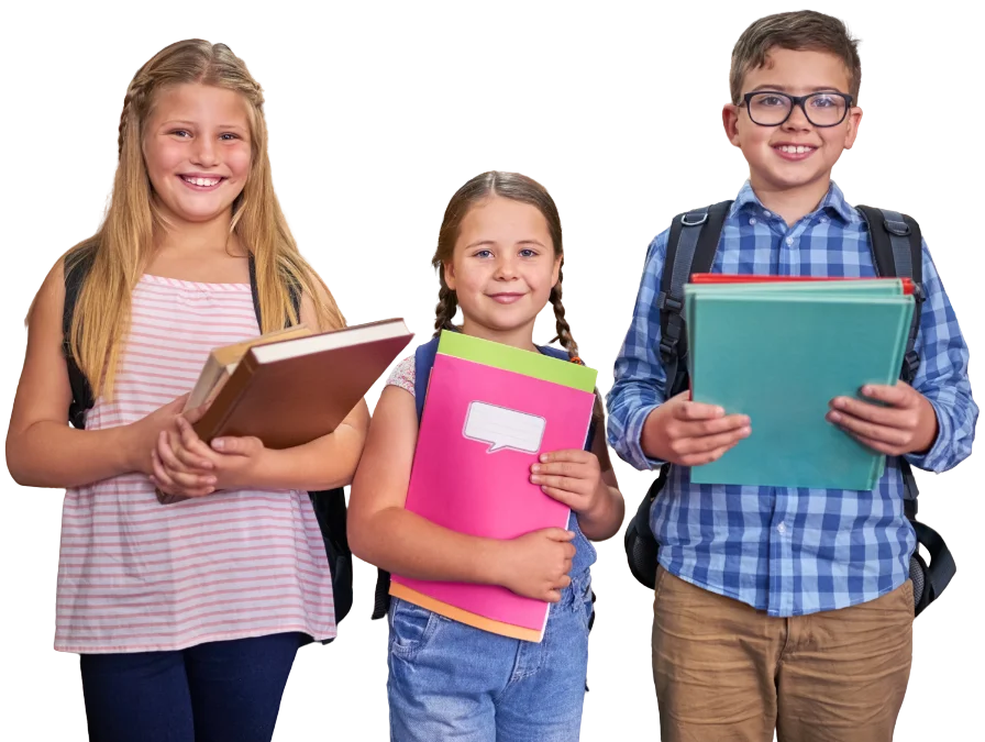 Three students stood in library holding folders and books